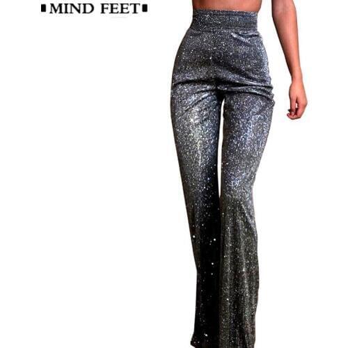 MIND FEET Women Wide Leg Pants Female Silver Reflect Light Pants Fashion Nightclub Zipper Sexy High Waist Casual Sports Trousers
