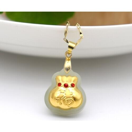 Natural Hetian Jade Money Come 24K Gold Inlaid Rhinestone Lucky Bag Necklace Men Women Amulet Pendants for Family with Box