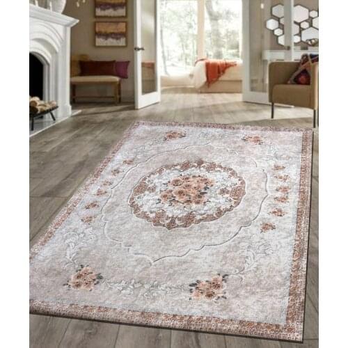 NUR HOME SPONGE VELVET RUBBER CARPET COVER NRH-13 BROWN CREAM FLOWER BASKET
