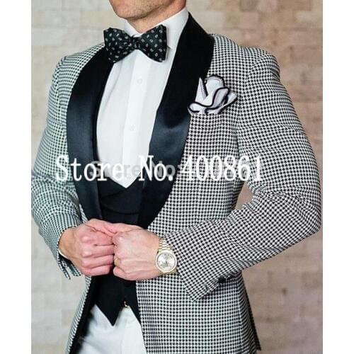 Fantastic One Button Houndstooth Groom Tuxedos Groomsmen Shawl Lapel Mens Suits Blazers (Jacket+Pants+Vest+Tie) W:1203