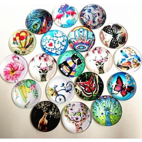 Jiangzimei 20pcs Flamingos, peacocks, cats, butterflies, small palms, deer, bicycles Glass cabochon for bracelet Necklace 20mm