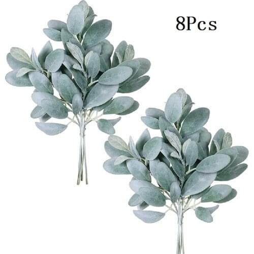 8Pcs Artificial Flocked Lambs Ear Leaves Stems Faux Lambs Ear Branches Picks Greenery Sprays For Vase Bouquet Wreath