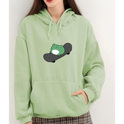 Kawaii Harajuku Skateboarding Frog Hoodies Women Gothic Cotton Sweatshirts Winter Plus Size Korean Style Hooded Coat Streetwear