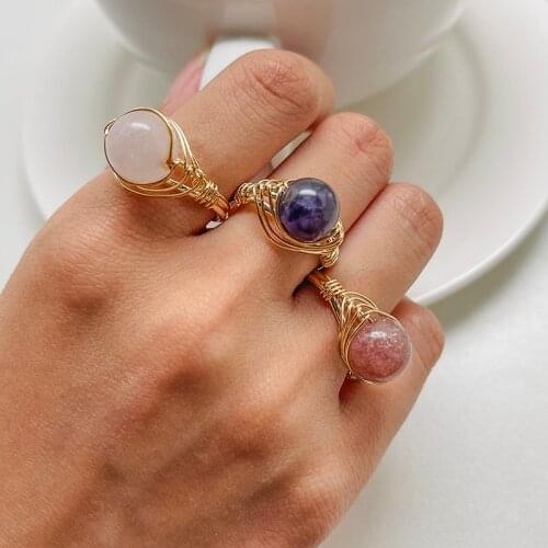 POMLEE Healing Crystal Rings for Women Fashion Wire Wrapped Natural Stone Rings Amethyst Strawberry Quartz Party Wedding Jewelry