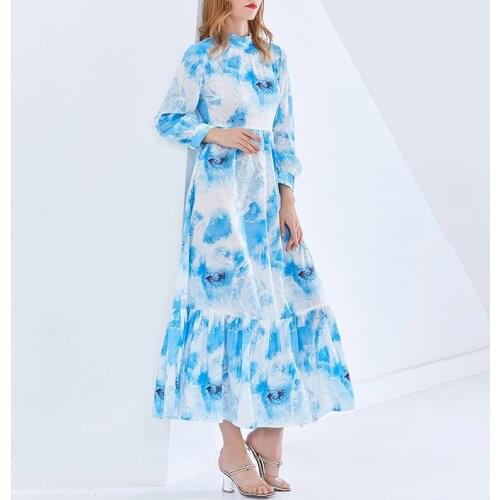 Hot Sale Women Flower Print Dress Elegant Long-Sleeve Pleated Dresses 3238