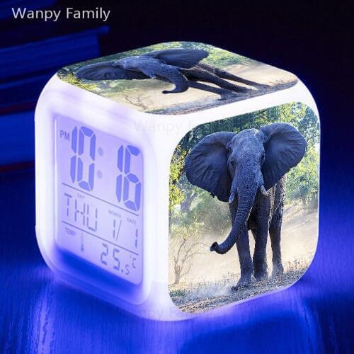 Prairie Elephant Digital Alarm Clock 7 Color Glowing Touch Sensing Alarm Clock Kids Room Multifunctio Flash Watches Clock