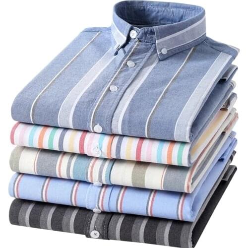 2021 New Quality 100% Cotton Oxford Shirts Mens Long Sleeve Casual Regular-Fit Plaid/Striped Man Dress Shirt For Men Home Shirts