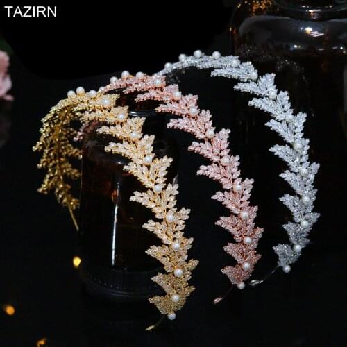 New Design Zirconia Pearls Wedding Headband Leaf Design Headwear Birthday Party Headpieces CZ Bridal Headband Hair Accessories