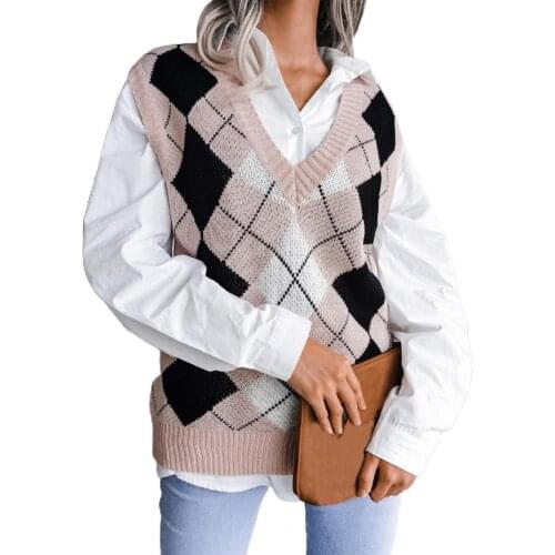 Dropshipping!! 2021 New Coat Vest Plaid High Elasticity Loose Sleeveless V Neck Knitted Sweater For Women