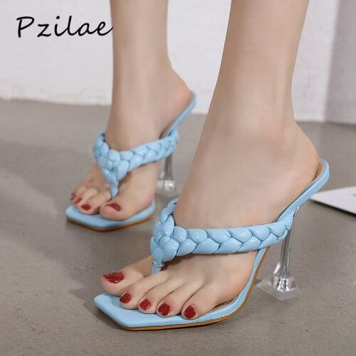 Pzilae Fashion Shoes Ladies Slipper Women Handmade Braid Slip On Slides Crystal Heel Party Dress Sandals Square Toe Flip Flops