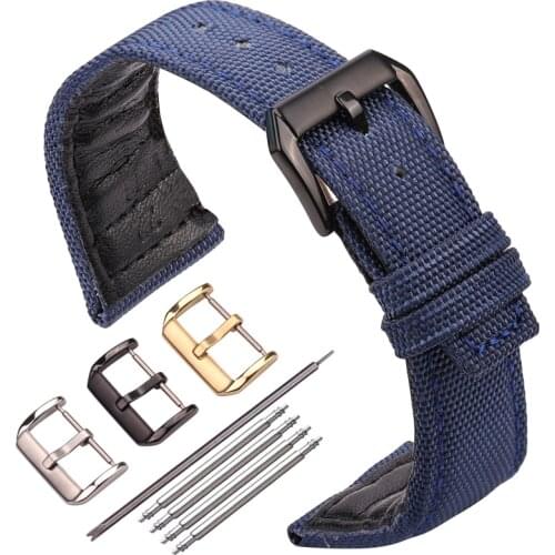 Canvas Nylon + Genuine Leather Watchband 20mm 21mm 22mm Black Green Blue Women Men Watch Band Strap With Pin Buckle