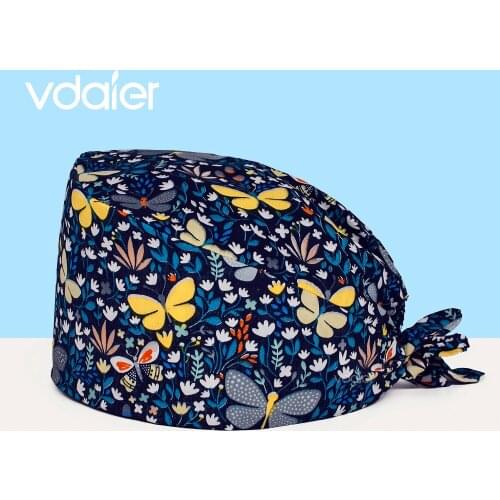 Butterfly print cartoon very good quality Hats for Women Adjustable Medical Scrub Cap for Long Hair Working Hat for Doctor Nurse