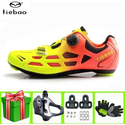 TIEBAO Road Cycling Shoes sapatilha ciclismo add pedal set Men sneakers Women Breathable bike Orange Outdoor sports Shoes
