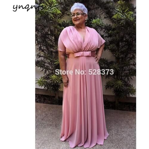 YNQNFS M150 Elegant V Neck Short Sleeve Pink Mother of the Bride Long Dresses Plus Size Party Gown Formal Vestidos 2019