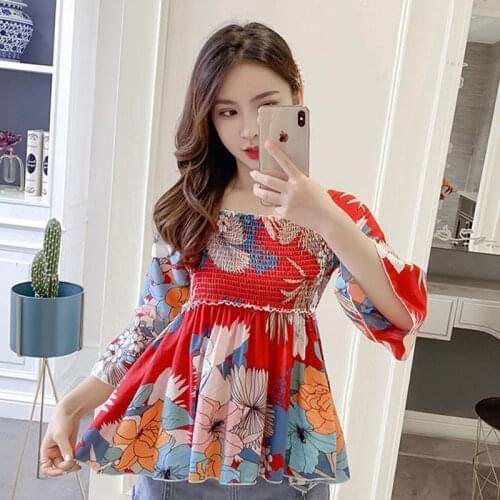 2021 Casual Flared Sleeve Print Blouse Summer New Floral Chiffon Shirts Women Square Collar Ladies Tops Blusas Mujer Y816