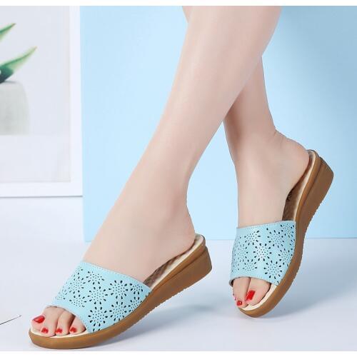 Tilocow Summer Genuine Leather Flat Women Slippers Non-slip Tendon Bottom Ladies Slides Solid Hollow Out Mothers Sandalias Mujer