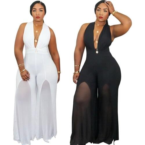 New Fashion Womens Plus Size Mesh Jumpsuits 2021 Summer Sleeveless Zipper See-through V-neck Loose Rompers Clothing