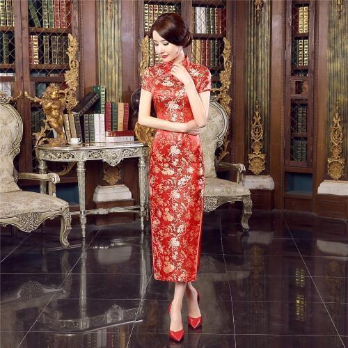 Free Shipping Ladies Long Cheongsam Qipao Traditional Chinese Dress Cheap Chi Pao for sale chinese red floral engagement dress