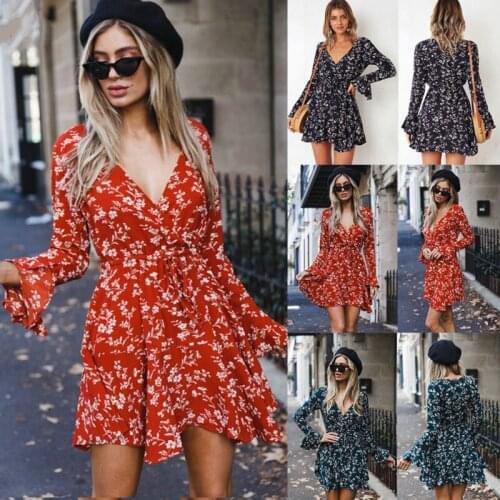 2019 Floral V Neck Mini Dress Women Long Sleeve Ruffles Casual Party Evening Short Dresses Casual Bohemian Beach dress Sundress