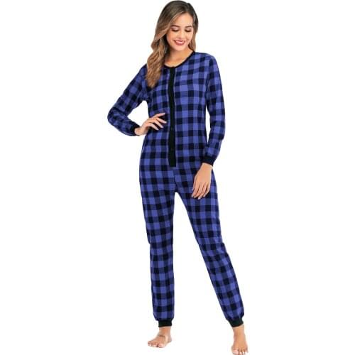 Ladies Nightwear Pajamas Rompers New Casual Family Women Blue Plaid Up Romper Jumpsuits Pyjamas