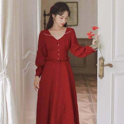 Rose Flower V-neck Sexy Bodycon Dress Red Retro Jacquard Elegant Fashion Vestido Female Ruffle Beaded Long Sleeve Dresses Fall