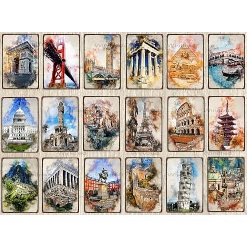Famous Cities Metal Poster Tin Sign Travel Souvenir Shabby Iron Painting Plate Wall Art Decor For Bar Pub Cafe Home Decor Sign