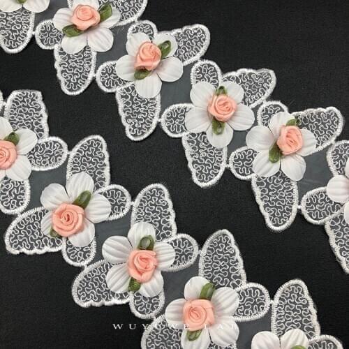 1yard White 3D Flower Butterfly Lace Trim Applique Lace Ribbon Embroidered Fabric Sewing Craft DIY Handmade Wedding Decoration