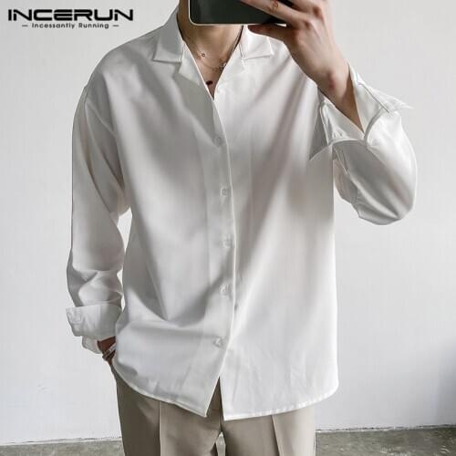 2021 Fashion Men Shirt Long Sleeve Turn Down Collar Streetwear Chic Casual Camisas Button Solid Color Mens Brand Shirts INCERUN