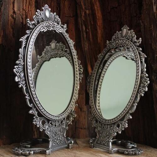 2X magnifying vintage double-face folding table desktop retro metal makeup mirror cosmetic mirror embossed rose dresser mirror