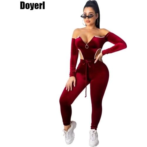 Velvet Sexy 2 Piece Set Women Fall Off Shoulder Bodysuit Top and Drawstring Pants Tracksuit Women Matching Two Piece Set Outfits