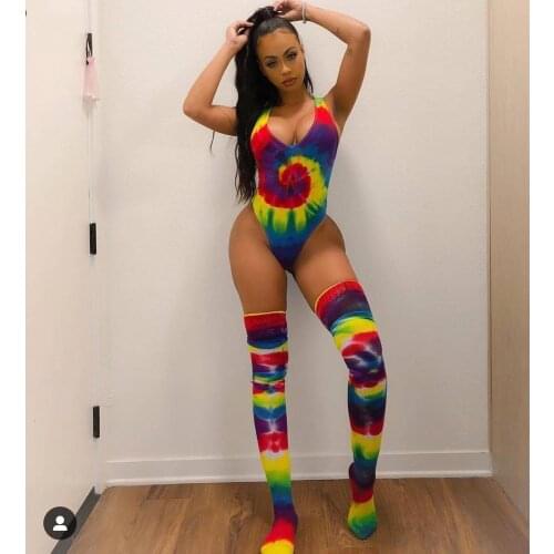 BKLD Women Clothes Sexy Bodysuit Fashion Tie-Dye Printed Sleeveless V-neck Skinny One Piece Overalls With Socks Party Clubwear