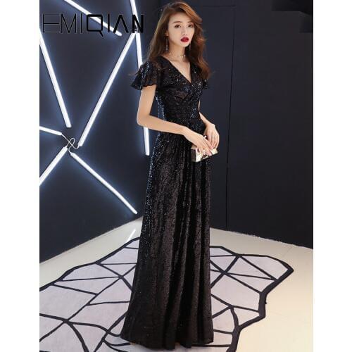 Sequined V Neck Party Banquet Evening Prom Dresses Cap Sleeve Black Long Formal Choir Dress