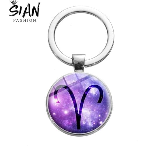 SIAN Fashion 12 Constellation Key Chain Zodiac Sign Symbol Capricorn Libra Glass Silver Plated Key Chain Chaveiro for Women Men