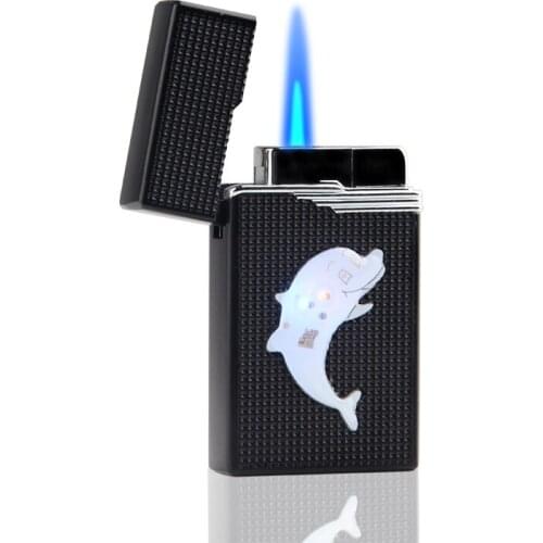 Black Love Dolphin - Flashing Windproof Metal Direct Charging Butane Gas Lighter Stainless Steel
