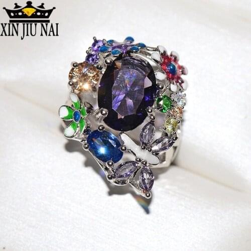 European Enamel Purple Zircon Rings for Women Silver Color Flower Dragonfly Rings with Colorful Zirconia Party Jewelry gothic