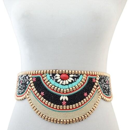 European And American Fashion Retro National Style Exaggerated Rice Bead Metal Texture Long Waist Cover Elastic Stretch Black