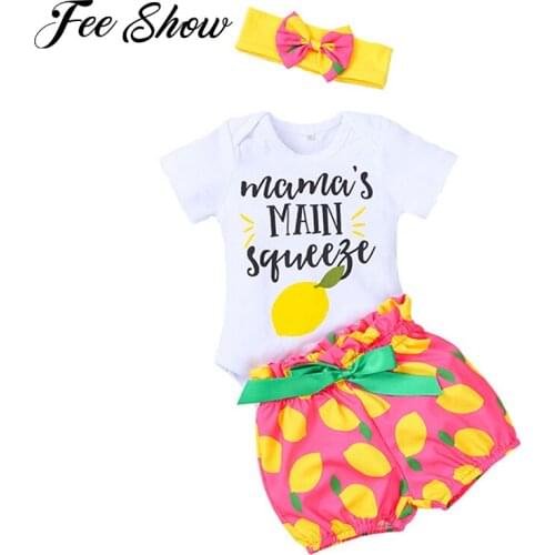 Newborn Baby Girls Summer Clothes Set Letter Printed Romper Lemon Shorts Headband 3Pcs For New born Infant Clothing Outfit