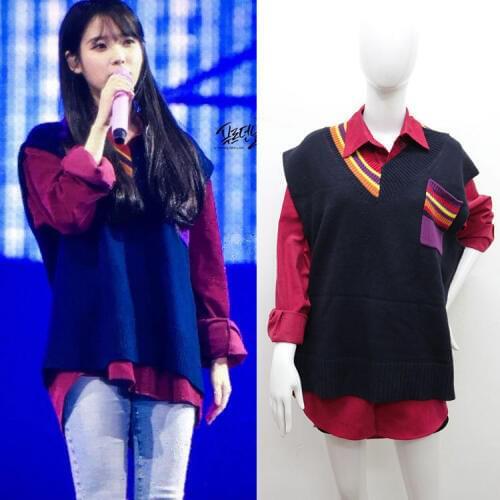 Kpop IU Lee Ji Eun same streetwear color matching knitting warm hoodies women wine red corduroy lapel sweatshirts female clothes