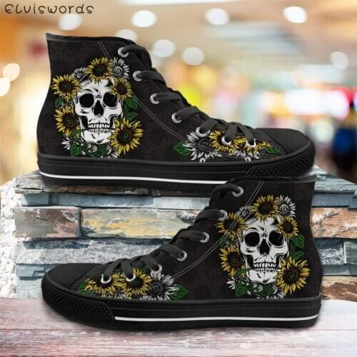 ELVISWORDS Sunflower Sugar Skulls Pattern Womens Sneakers Summer Autumn High Top Flats Vulcanize Shoes for Girls Leisure Canvas