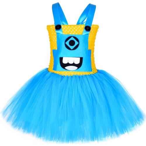 Anime Cartoon Characters Little Yellow Man Costume for Girls Birthday Party Tutu Dress Sky Blue Kids Halloween Holiday Clothes