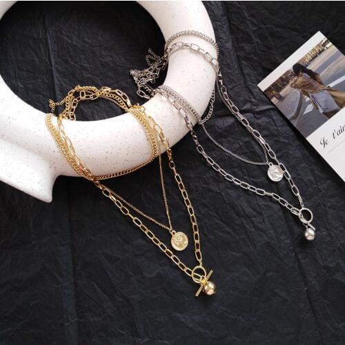 Fashion celebrity European and American hip-hop coinnecklace multi-layer long necklace coin ball pendant necklace