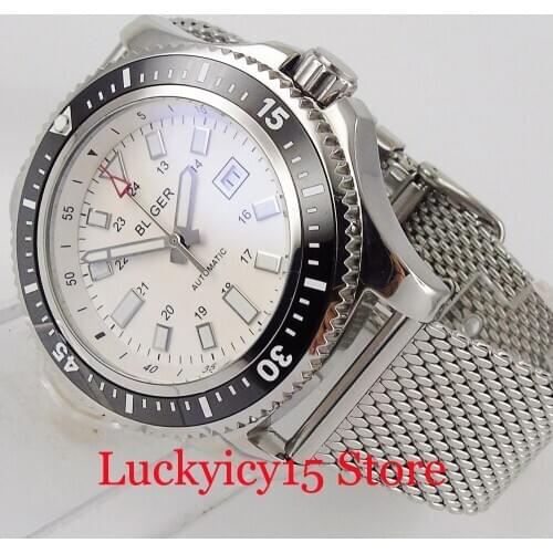 BLIGER Business Round Self Winding Men Wristwatch White Dial Date MIYOTA Movement Steel Band