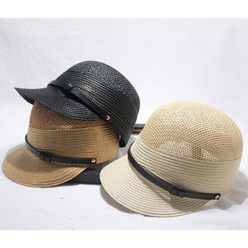 New Fashion Belt Style Summer Cap Breathable Straw Baseball Cap Handwoven Stylish Women Cap Structured Mesh Straw Trucker Cap