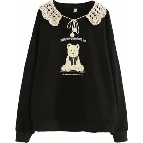 2021 NEW Spring Fake Collar Black Kawaii Bear Print Pullover Women Sweatshirt Student Harajuku Hoodies Girls Tracksuit 2012455