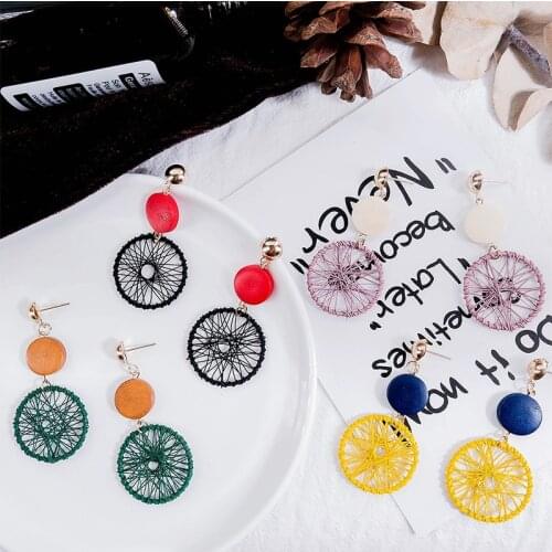 New Popular Geometric Round Woven Mesh Long Drop Earrings For Women Wood Fashion Exaggerated Personality Ear Jewelry