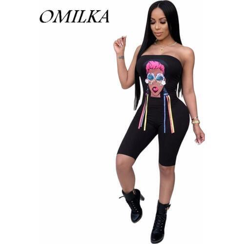 OMILKA 2018 Summer Women Cartoon Tassel Printed Knee Length Rompers and Jumpsuits Sexy Off Shoulder Bodycon Club Party Playsuits
