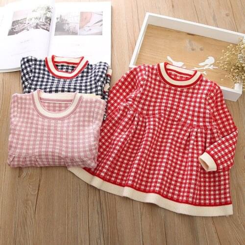 Autumn And Winter Girls' Dresses 2021 New Clothes For Children Long-Sleeved Knitted Plaid Outfits Korean Princess Dress
