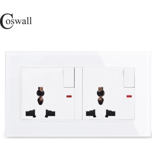 COSWALL Tempered Glass Panel 2 Gang 13A Universal Switched Socket With Neon Indicator Grounded With Children Protective Door