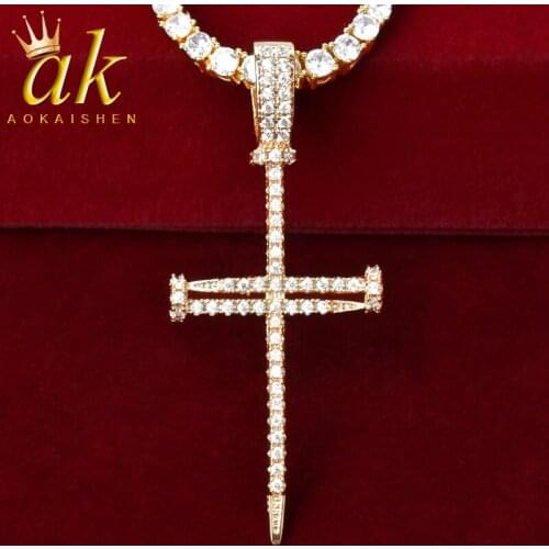 Nail Cross Pendant For Women Gold Color Copper Necklace Chain Charms Hip Hop Rock Jewelry