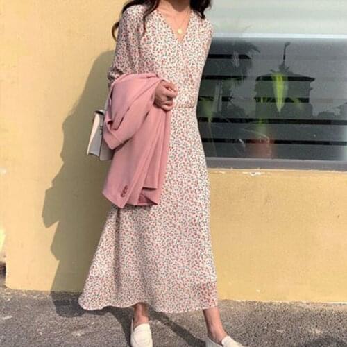 French romantic dress ladies casual floral print V-neck waist dress regular sleeve long dress ladies 2021